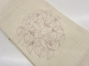 手織り紬花葉模様刺繍名古屋帯